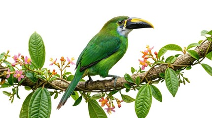 Obraz premium Vibrant Green Toucan Perched on Flowering Branch Against White Background