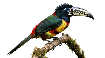 Fototapeta premium Colorful Curl Crested Aracari Perching on Mossy Branch Isolated on White Background