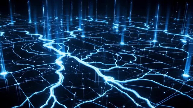 Glowing blue neural network connections on dark background with lines and nodes
