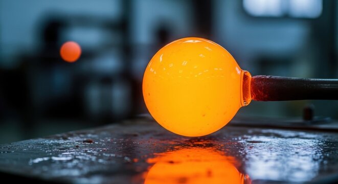 Molten glass sphere on a blowpipe in a glassblowing workshop.