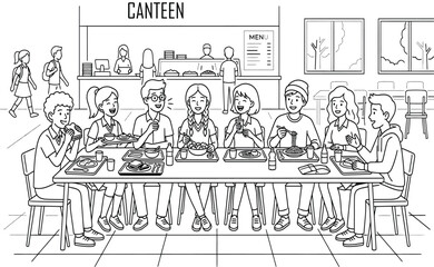 Obraz premium Black and white illustration of people eating in a school canteen