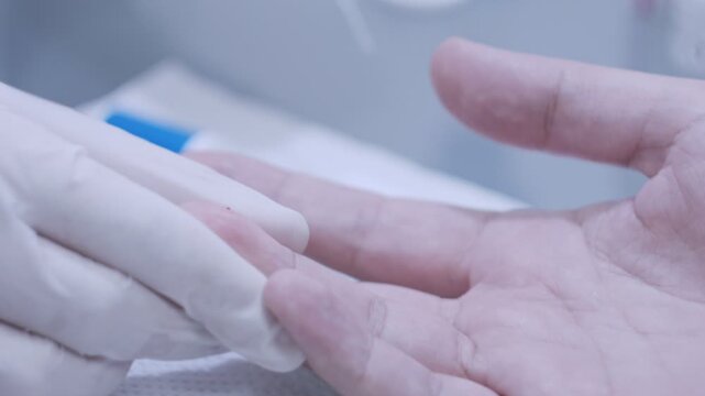 Healthcare worker collecting finger blood sample