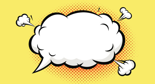 Blank white comic style speech bubble with puff cloud effects on a vibrant orange and yellow halftone dot background for custom slogans.