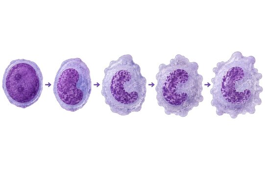 Scientific illustration of monocyte differentiation sequence in hematopoiesis.