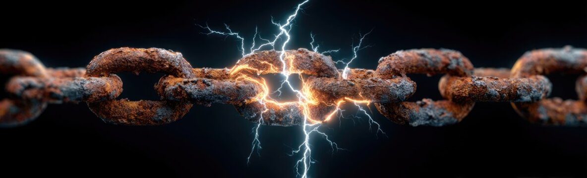 Rusty chain link breaking with electric energy and lightning strikes against dark background
