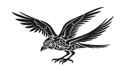 Fototapeta premium Tribal Raven Silhouette with Ornate Swirls, Black Bird Tattoo Design