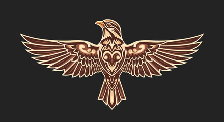 Stylized Eagle Emblem, Open Wings, Ornamental Design, Brown Tones, Dark Background © gunawan