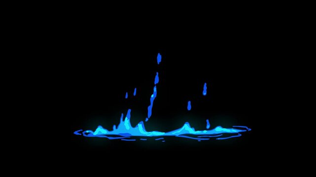Flash FX animation with cartoon water explosion, hand drawn liquid spark light, smoke energy shapes, 2D anime style shine effects created on black screen background.