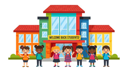 Welcome Back! Colorful School Building with Diverse Students: A vibrant and colorful school building stands proudly, with a Welcome Back Students! banner above the entrance. © Md