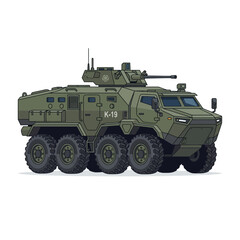 Fototapeta premium Green armored personnel carrier with eight wheels and a turret, pixel art illustration