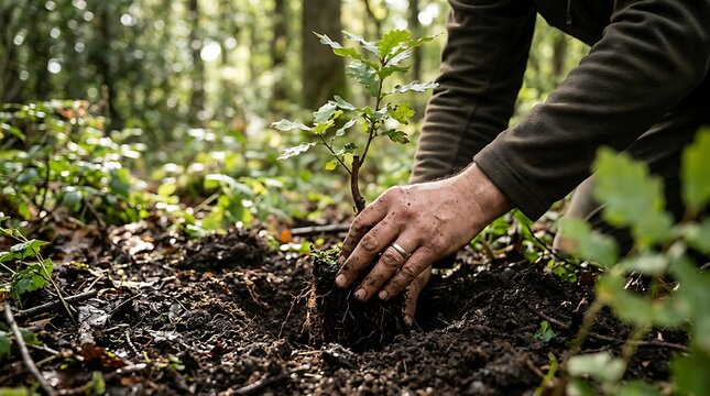 Man planting a young oak tree in a forest for reforestation