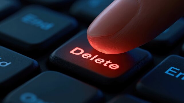 Close-up of finger pressing illuminated red delete key on black computer keyboard with soft focus on surrounding keys for technology concept