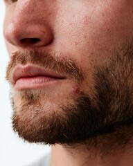 Fototapeta premium realistic close-up of male chin with ingrown hair irritation and redness, beard stubble detail, natural skin imperfections, dermatology treatment concept,