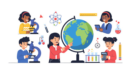 Educational Adventure: Children explore the wonders of science and geography with microscopes, a globe, and scientific instruments, fostering a love for learning and discovery. © Mohammad