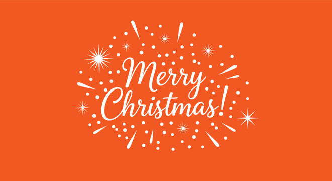 Warm festive greeting featuring the words Merry Christmas in white script font with burst of sparkles and dots on a bright orange background.