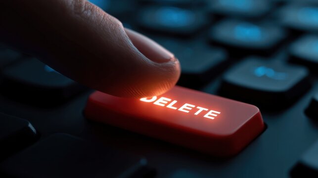 Close-up of finger pressing glowing red delete key on computer keyboard with dark background and blue backlight technology concept