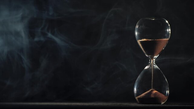 Hourglass with sand falling in smoky atmosphere close up slow motion.