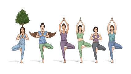 Obraz premium Yoga Poses and Tree Growth: A line of women in various yoga poses, one with a tree growing from her head and another with bird wings, symbolizes growth, nature, and inner balance.