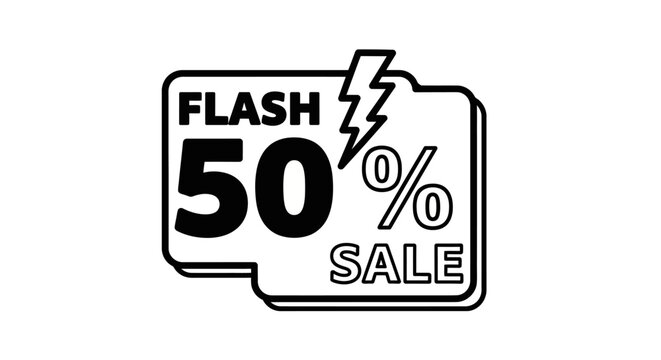 Flash Sale 50% Off Icon - Black and White Vector Graphic for Promotions