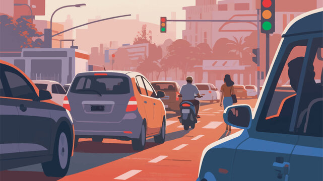 Illustration Of Indonesian Urban Traffic Jam, Busy Street Scene Vector Design Template