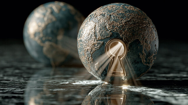 Realistic earth globe with a glowing keyhole and light rays on a dark reflective surface, global solution concept.