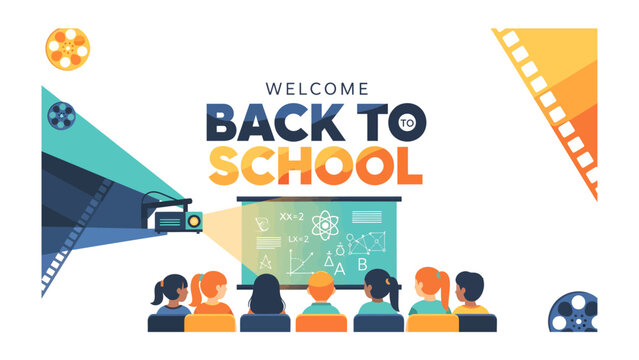 Welcome Back to School: A vibrant illustration depicting a classroom scene with a projector beaming lessons onto a screen, while students eagerly watch.