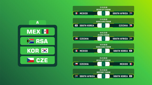 World Soccer Football Championship Group A Stage Fixtures Schedule Vector Illustration