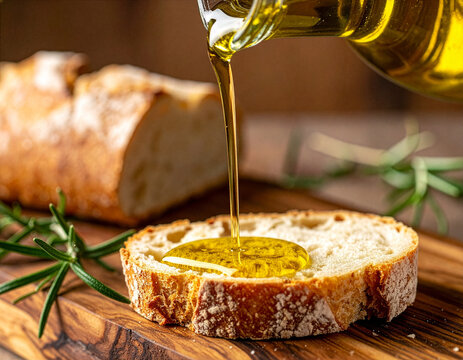 Pouring extra virgin olive oil onto a slice of rustic sourdough bread