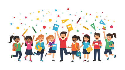 Fototapeta premium Back to School Celebration: A vibrant illustration depicts a diverse group of cheerful schoolchildren holding books and backpacks.