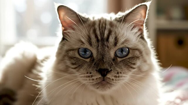 Close-up of a beautiful ragdoll cat with stunning blue eyes, gazing intently at the camera in soft light