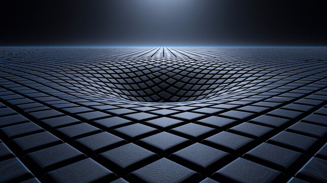 Dark Geometric Grid Surface Bending Inward, Futuristic Abstract Background with Blue Accents