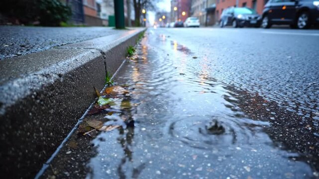 Rainwater flowing down a street gutter with a curb on a rainy day, creating puddles