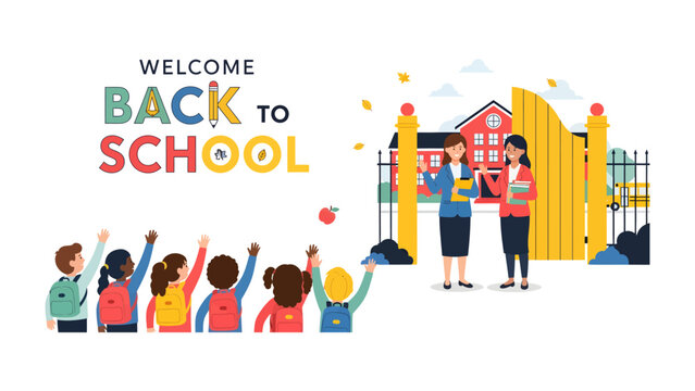 Welcome Back to School: A vibrant illustration depicting excited children with backpacks raising their hands, welcoming the start of the new school year, while teachers stand by the school gates.