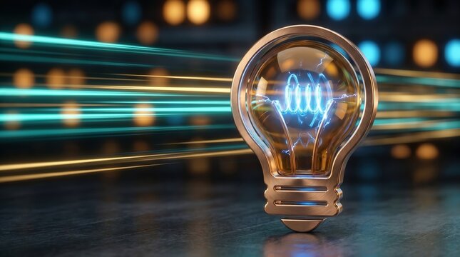 Innovation and breakthrough thinking concept, glowing 3D light bulb with energy motion streaks. Creative idea generation and technology progress for business success.
