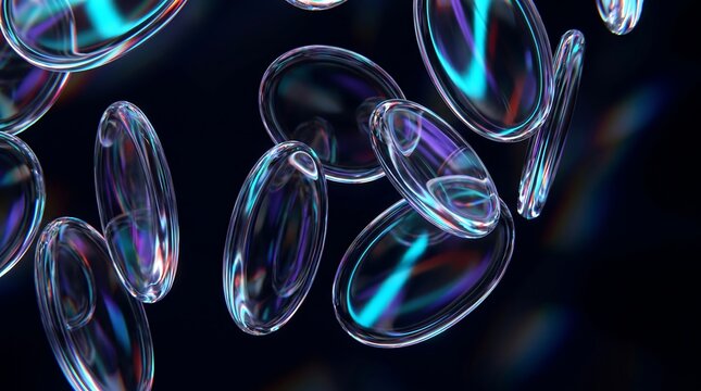 abstract iridescent lenses reflective glass shapes against dark background
