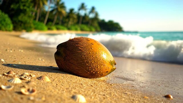 Coconut fruit resting on a sandy beach while waves gently lap the shore near seashells during a sunny day