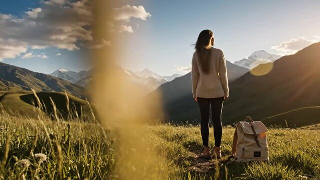 Woman enjoying the majestic mountain scenery while on a solo hiking adventure, appreciating the tranquil natural environment