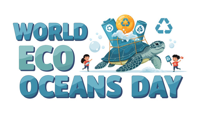 World Eco Oceans Day: A turtle carries recyclable trash on its back, symbolizing environmental responsibility. Children with bubbles represent purity and hope for cleaner oceans.
