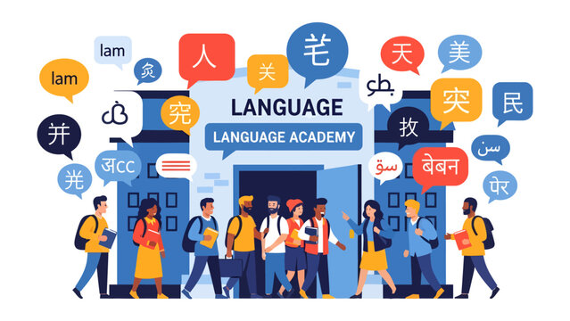 Language Academy Entrance: A vibrant scene depicts students entering a language academy, surrounded by speech bubbles in various languages, symbolizing global communication and learning.