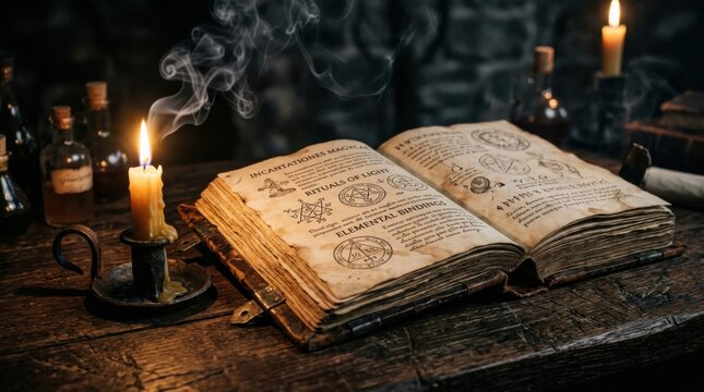 Old spellbook with candle smoke and runic symbols on table. Halloween concept.