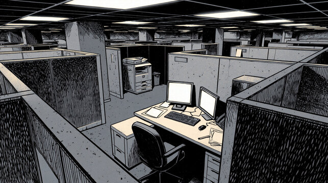 Graphic Novel Office Cubicle Grid with Dramatic Crosshatching and Dutch Angle