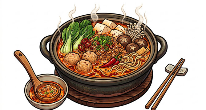 Tandan nabe spicy hotpot with chicken meatballs and ground meat vector illustration isolated on white background