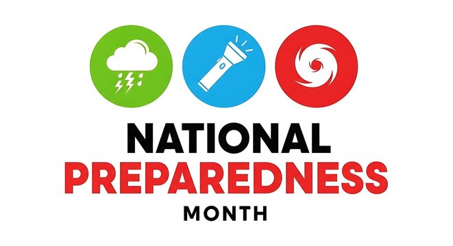 National preparedness month logo with storm cloud, flashlight, and hurricane icons