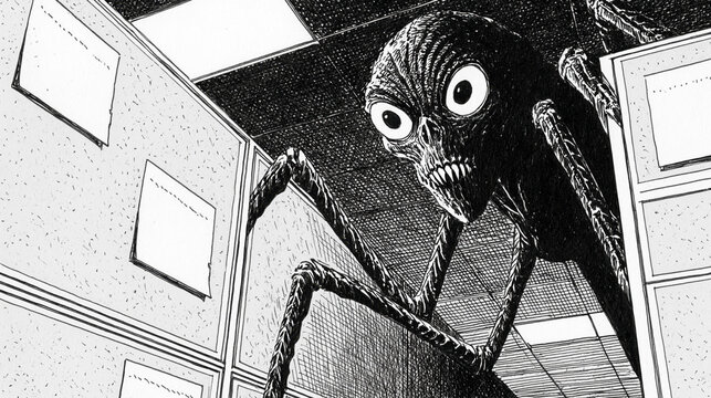 Dark Arachnid Alien Spreads Over Office Ceiling from Low Angle in Graphic Novel Style