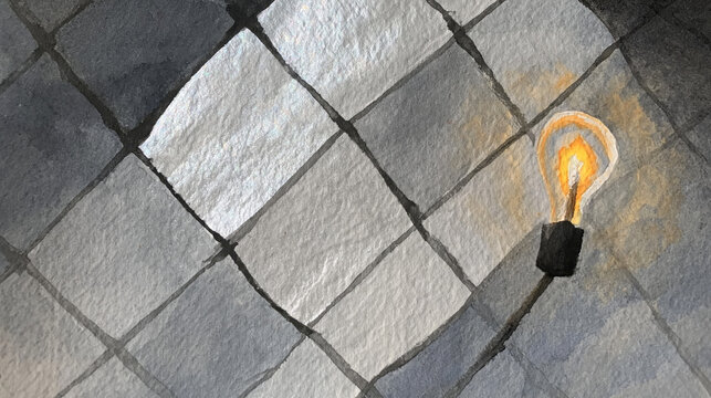 Single Incandescent Bulb Glows Warmly Within Cool Silver Diamond Ceiling Grid
