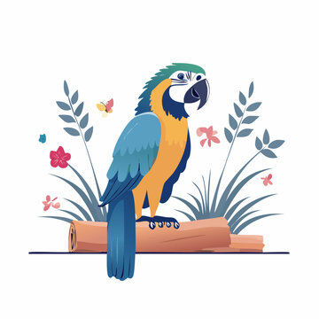 Blue and Yellow Macaw Parrot Sitting on a Log with Tropical Plants