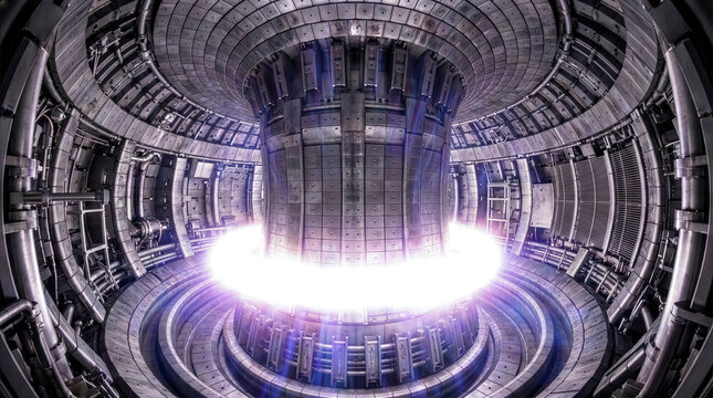 Symmetrical interior of tokamak nuclear fusion reactor with brilliant plasma ring, futuristic clean energy research