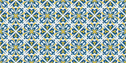 Mediterranean tile pattern with blue ceramic ornament and floral mosaic design. Seamless Portuguese geometric motif for floors, walls and decorative backgrounds. Vector illustration © Chorna_L
