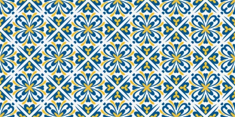 Fototapete Portugal Keramikfliesen Mediterranean tile pattern with blue ceramic ornament and floral mosaic design. Seamless Portuguese geometric motif for floors, walls and decorative backgrounds. Vector illustration  © Chorna_L