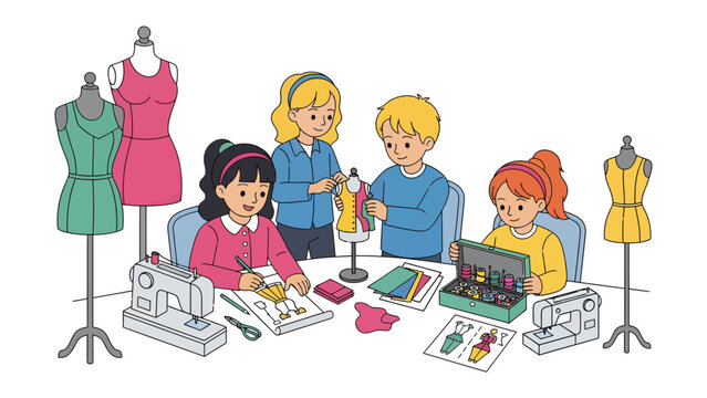 Children's Sewing Class: Young students enthusiastically learn the art of sewing and fashion design in a creative classroom setting, surrounded by sewing machines and dress forms.